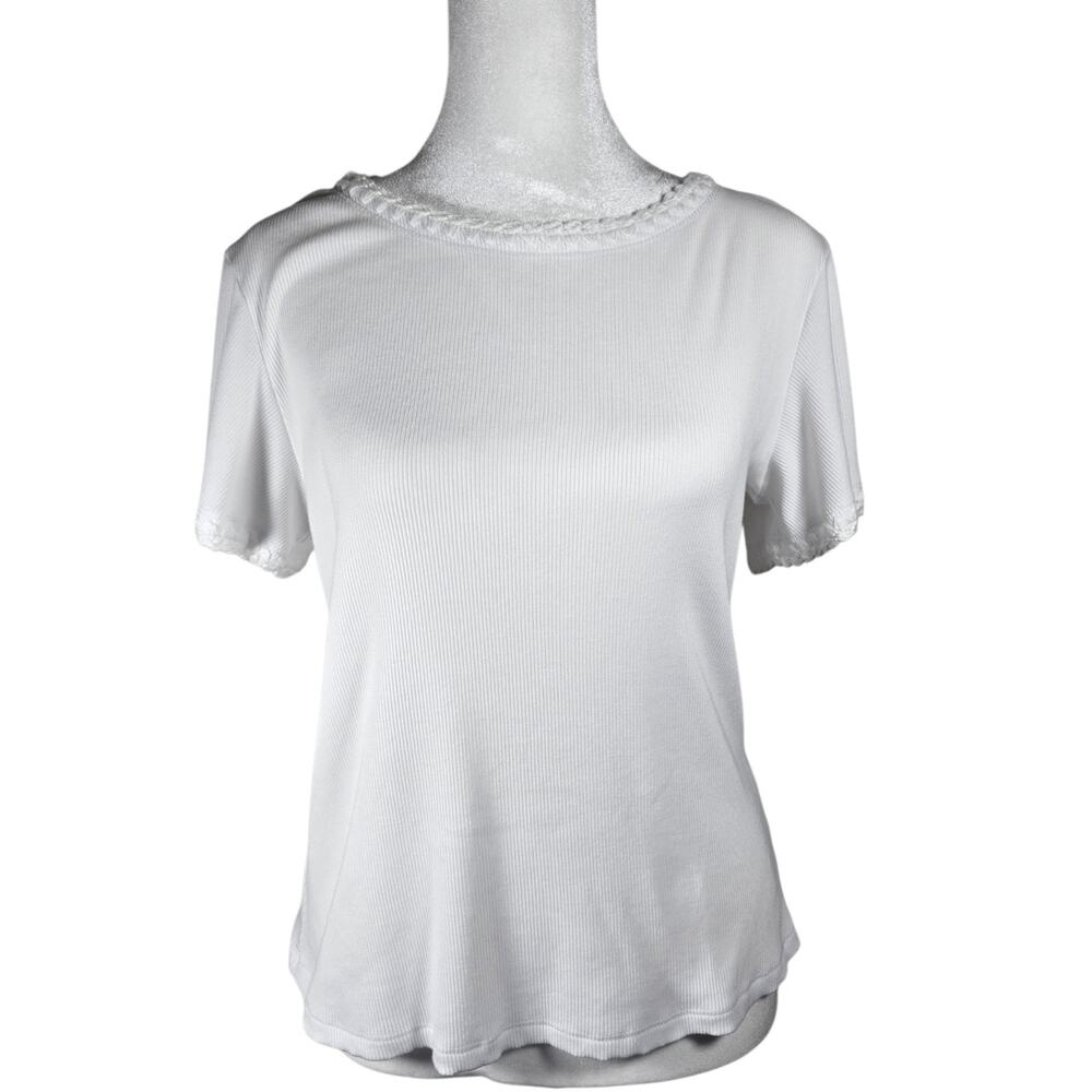 Elie Tahari T-shirt Top Crochet Trim Flutter Sleeve Rib Knit White Medium